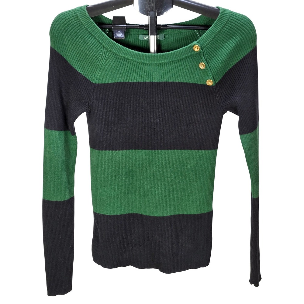 Women's Lauren Ralph Lauren Small Green Black Striped Ribbed Sweater Gold Button